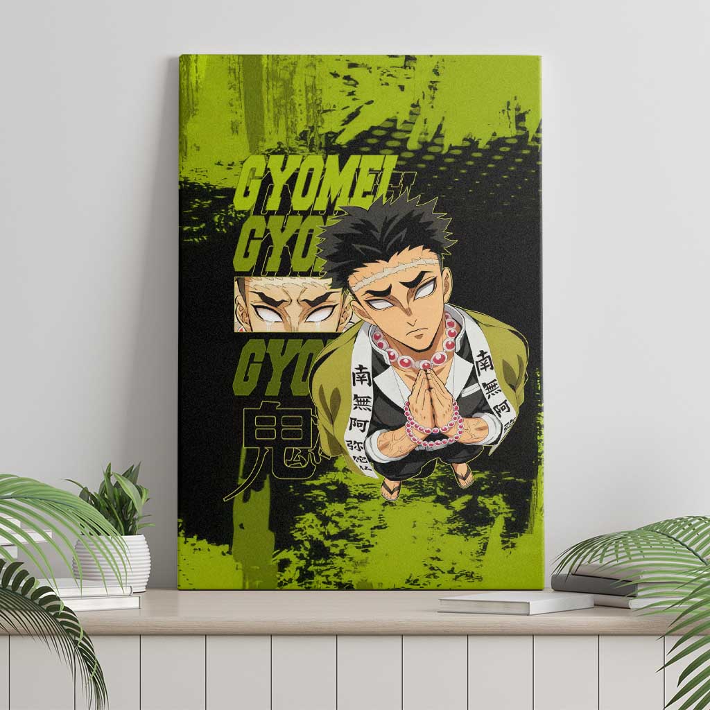 Gyomei Himejima Demon Slayer Bold Green Theme Canvas Wall Art with Prayer Pose and Intense Expression Design - The Mazicc