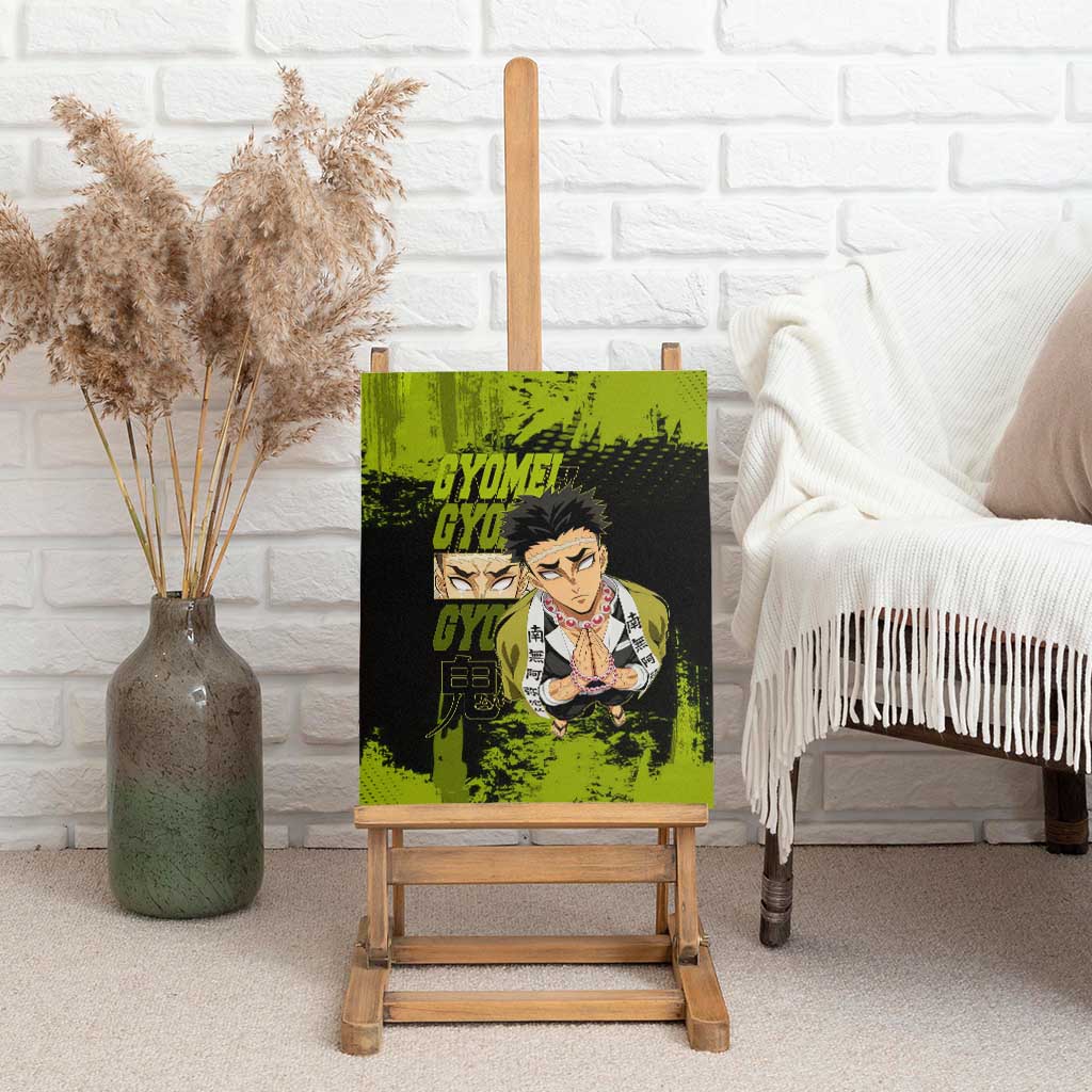Gyomei Himejima Demon Slayer Bold Green Theme Canvas Wall Art with Prayer Pose and Intense Expression Design - The Mazicc