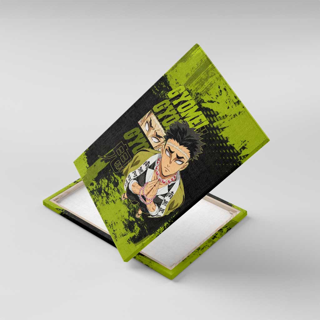 Gyomei Himejima Demon Slayer Bold Green Theme Canvas Wall Art with Prayer Pose and Intense Expression Design - The Mazicc