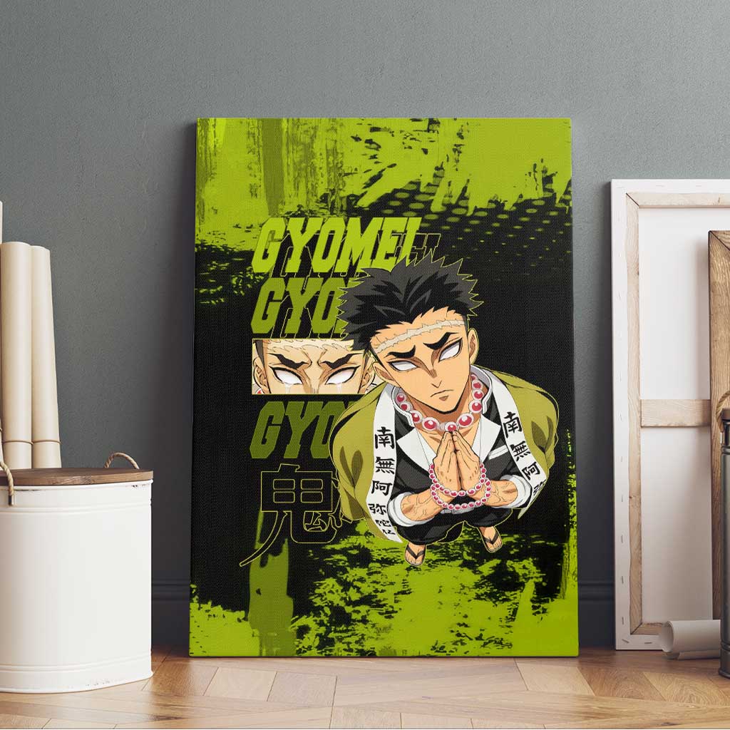 Gyomei Himejima Demon Slayer Bold Green Theme Canvas Wall Art with Prayer Pose and Intense Expression Design - The Mazicc