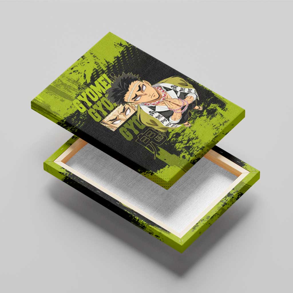 Gyomei Himejima Demon Slayer Bold Green Theme Canvas Wall Art with Prayer Pose and Intense Expression Design - The Mazicc