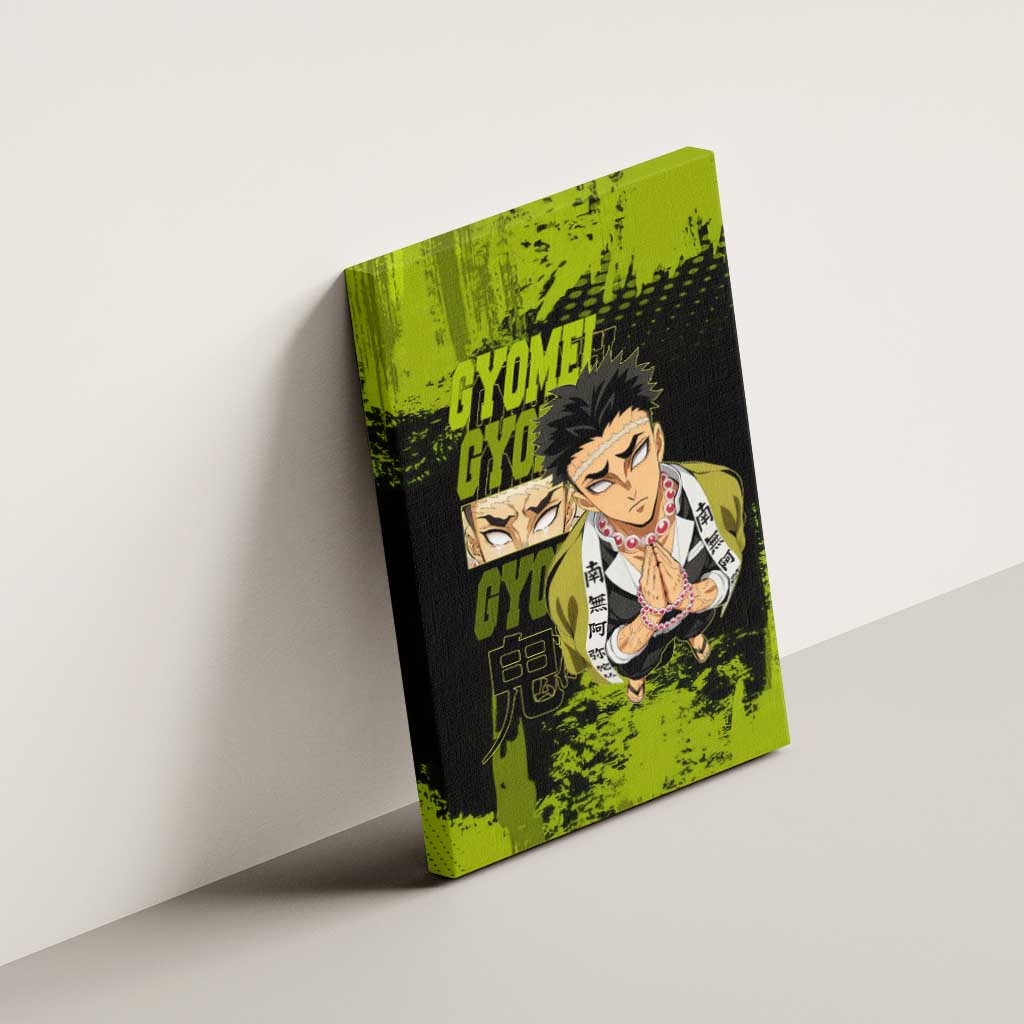 Gyomei Himejima Demon Slayer Bold Green Theme Canvas Wall Art with Prayer Pose and Intense Expression Design - The Mazicc