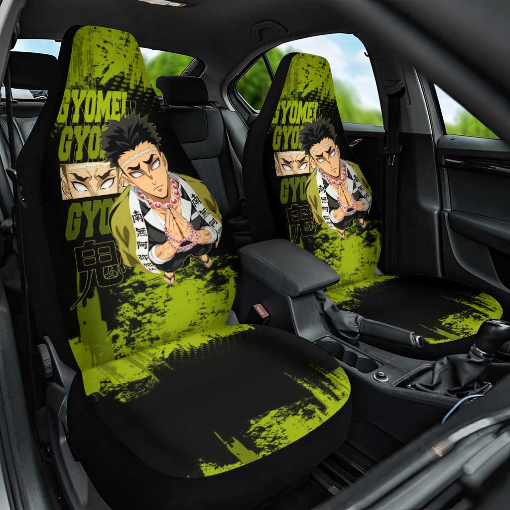 Gyomei Himejima Demon Slayer Bold Green Theme Car Seat Cover with Prayer Pose and Intense Expression Design - The Mazicc