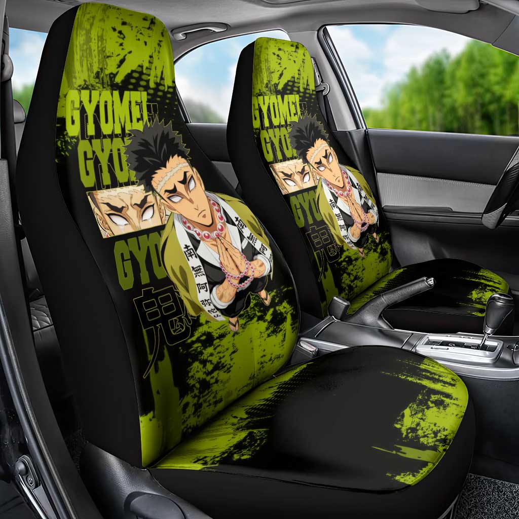 Gyomei Himejima Demon Slayer Bold Green Theme Car Seat Cover with Prayer Pose and Intense Expression Design - The Mazicc