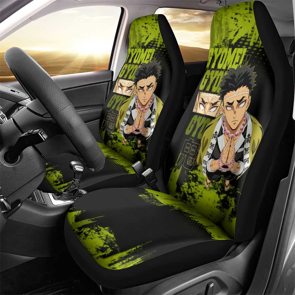 Gyomei Himejima Demon Slayer Bold Green Theme Car Seat Cover with Prayer Pose and Intense Expression Design - The Mazicc