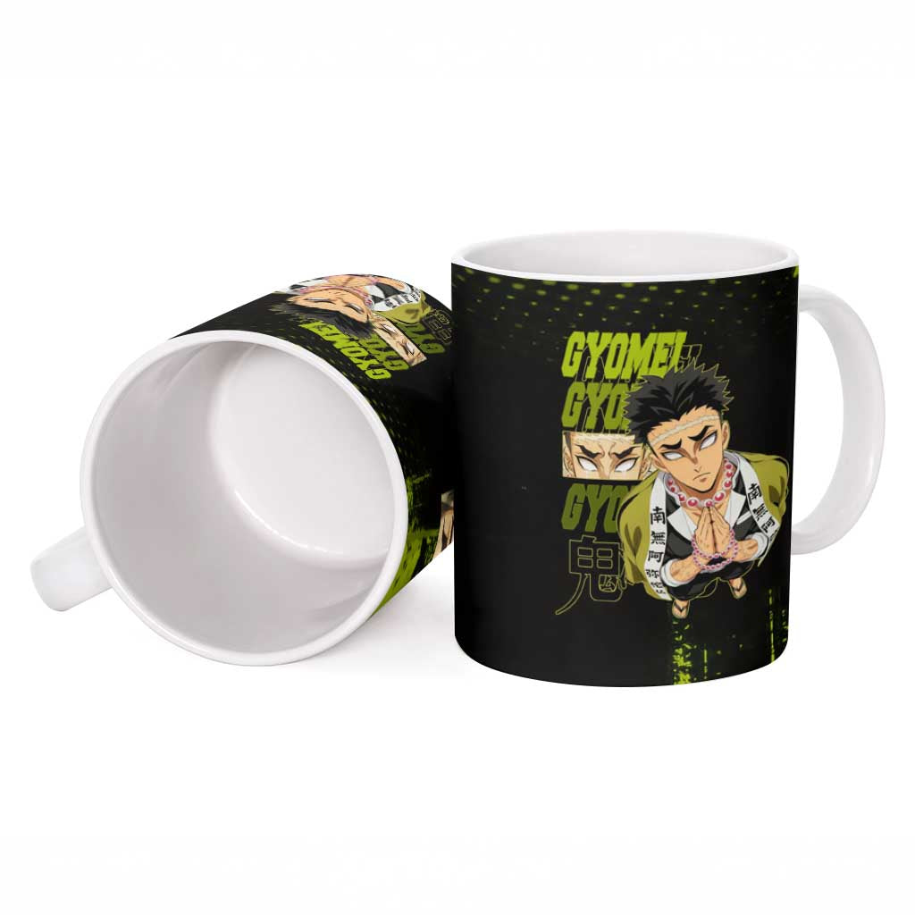 Gyomei Himejima Demon Slayer Bold Green Theme Ceramic Mug with Prayer Pose and Intense Expression Design - The Mazicc