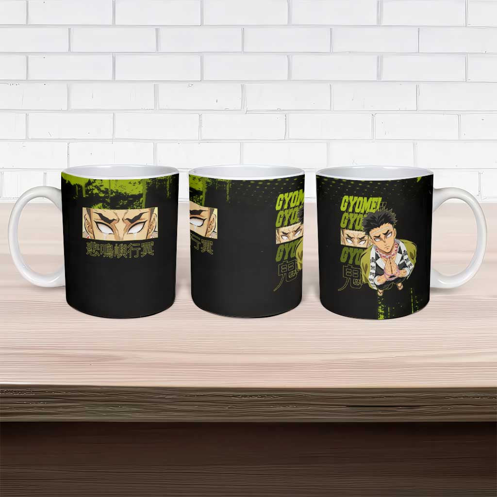 Gyomei Himejima Demon Slayer Bold Green Theme Ceramic Mug with Prayer Pose and Intense Expression Design - The Mazicc