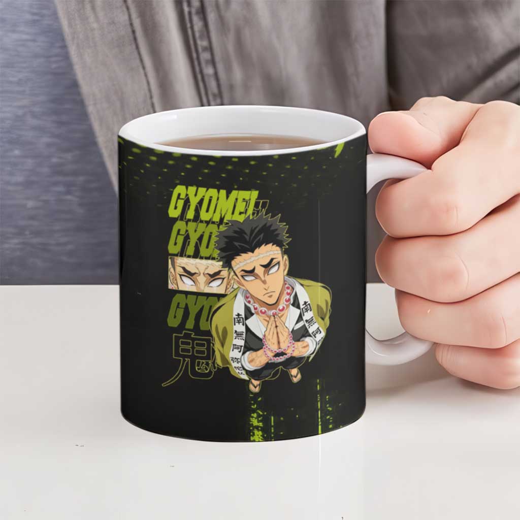 Gyomei Himejima Demon Slayer Bold Green Theme Ceramic Mug with Prayer Pose and Intense Expression Design - The Mazicc
