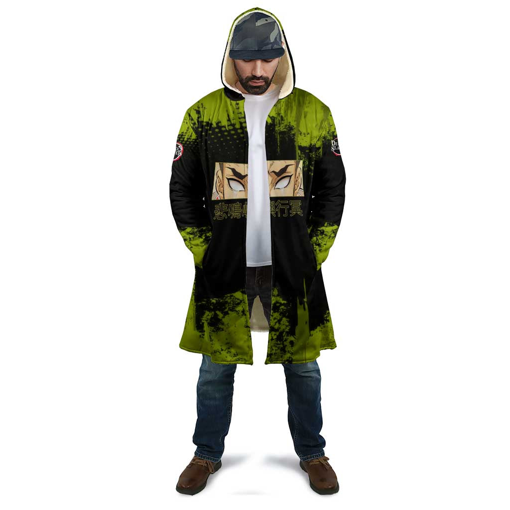 Gyomei Himejima Demon Slayer Bold Green Theme Cloak with Prayer Pose and Intense Expression Design - The Mazicc