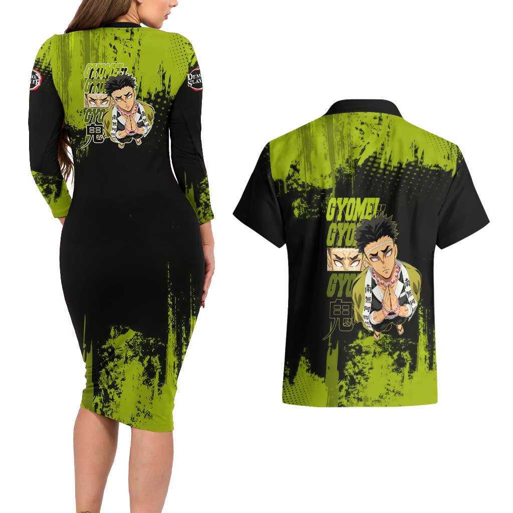 Gyomei Himejima Demon Slayer Bold Green Theme Couples Matching Long Sleeve Bodycon Dress and Hawaiian Shirt with Prayer Pose and Intense Expression Design - The Mazicc