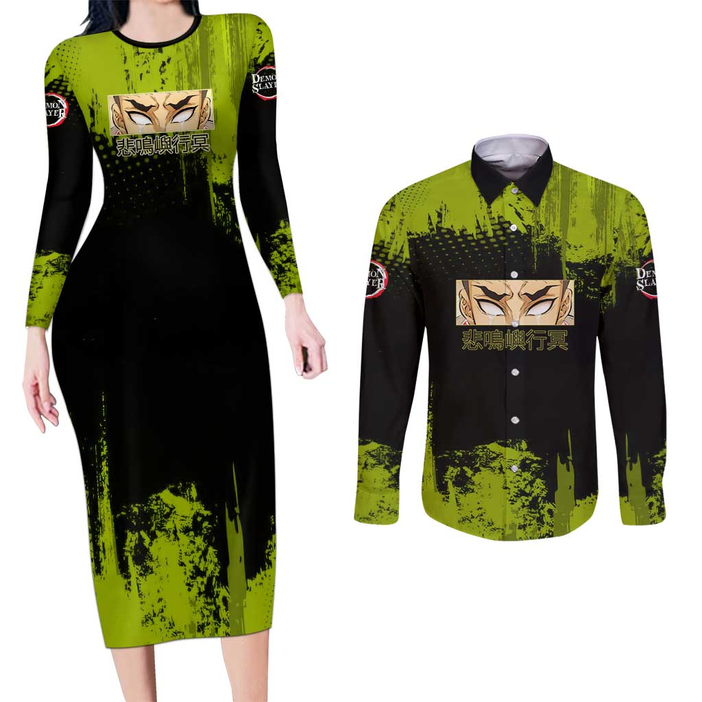 Gyomei Himejima Demon Slayer Bold Green Theme Couples Matching Long Sleeve Bodycon Dress and Long Sleeve Button Shirt with Prayer Pose and Intense Expression Design - The Mazicc