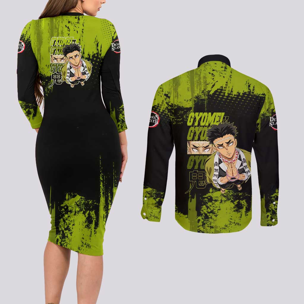 Gyomei Himejima Demon Slayer Bold Green Theme Couples Matching Long Sleeve Bodycon Dress and Long Sleeve Button Shirt with Prayer Pose and Intense Expression Design - The Mazicc