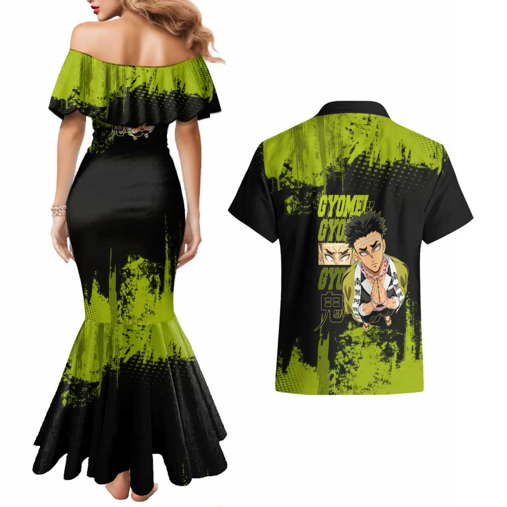 Gyomei Himejima Demon Slayer Bold Green Theme Couples Matching Mermaid Dress and Hawaiian Shirt with Prayer Pose and Intense Expression Design - The Mazicc