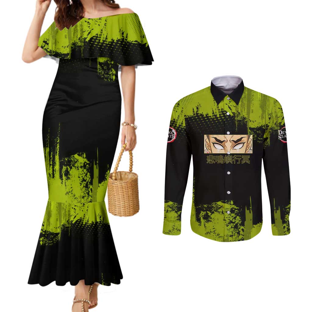 Gyomei Himejima Demon Slayer Bold Green Theme Couples Matching Mermaid Dress and Long Sleeve Button Shirt with Prayer Pose and Intense Expression Design - The Mazicc