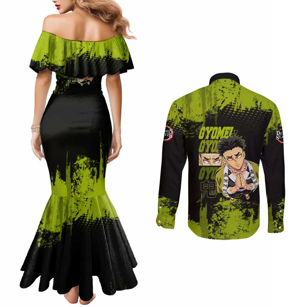 Gyomei Himejima Demon Slayer Bold Green Theme Couples Matching Mermaid Dress and Long Sleeve Button Shirt with Prayer Pose and Intense Expression Design - The Mazicc