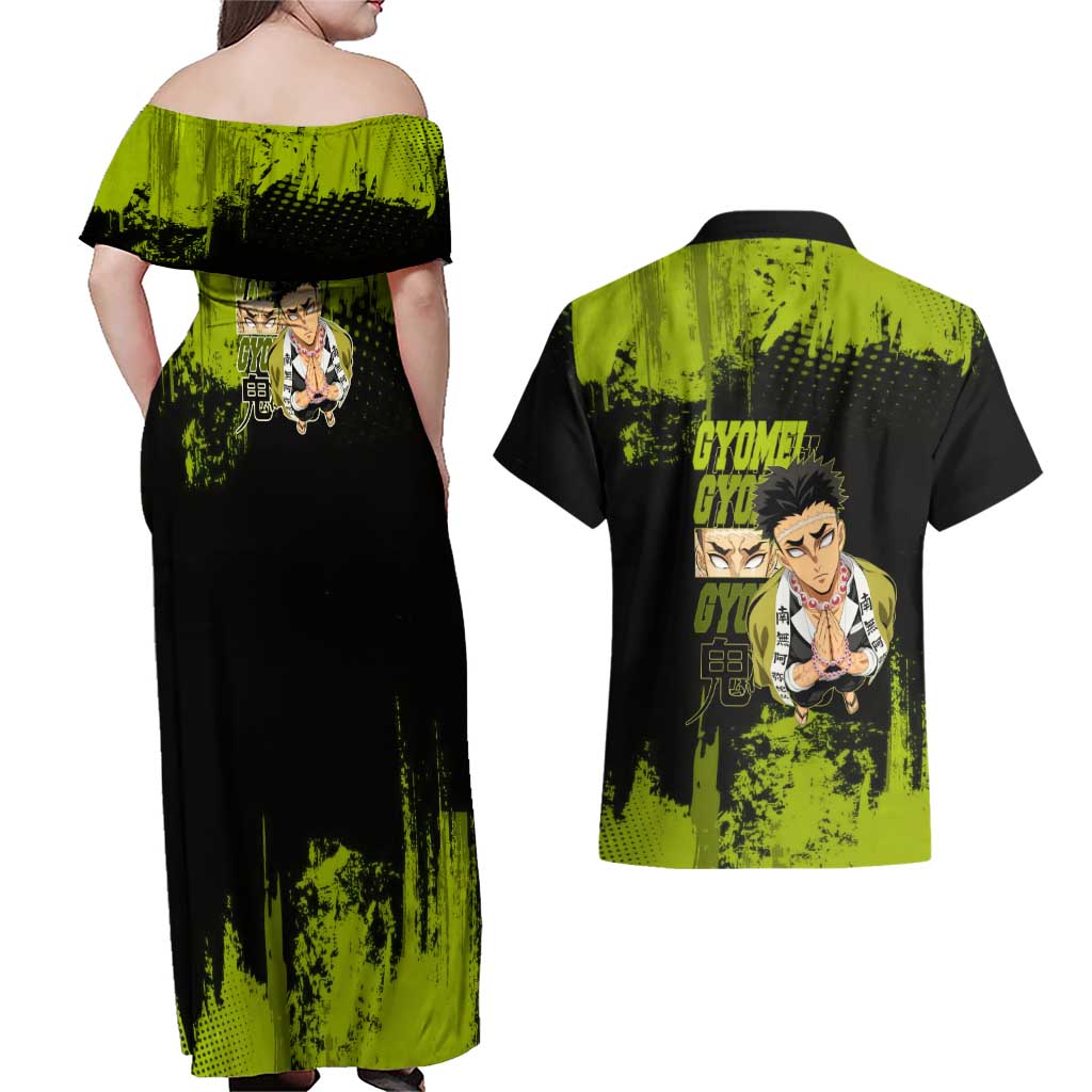 Gyomei Himejima Demon Slayer Bold Green Theme Couples Matching Off Shoulder Maxi Dress and Hawaiian Shirt with Prayer Pose and Intense Expression Design - The Mazicc