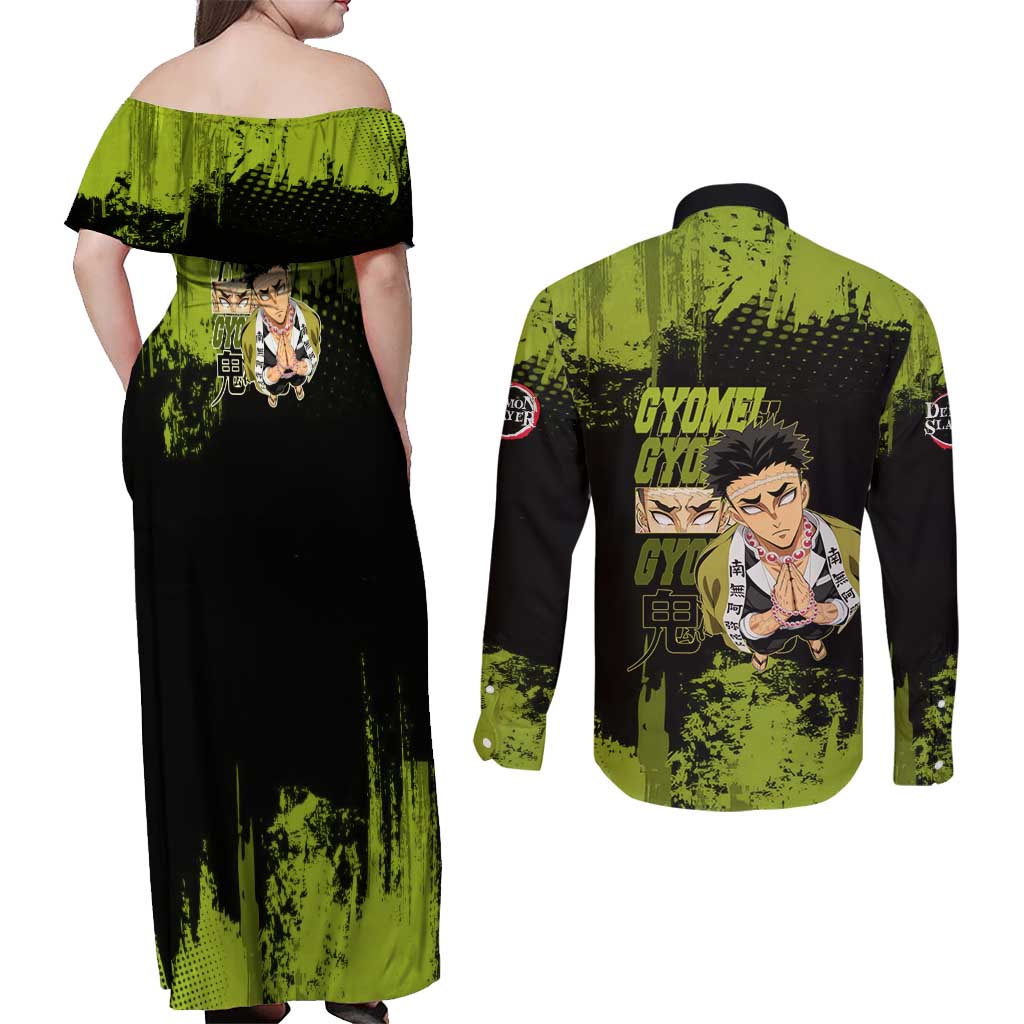 Gyomei Himejima Demon Slayer Bold Green Theme Couples Matching Off Shoulder Maxi Dress and Long Sleeve Button Shirt with Prayer Pose and Intense Expression Design - The Mazicc