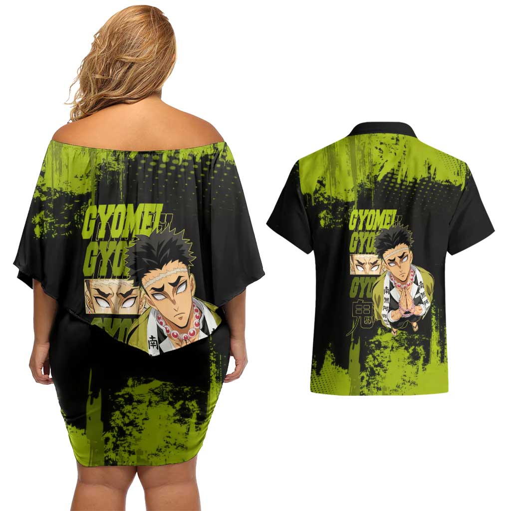 Gyomei Himejima Demon Slayer Bold Green Theme Couples Matching Off Shoulder Short Dress and Hawaiian Shirt with Prayer Pose and Intense Expression Design - The Mazicc
