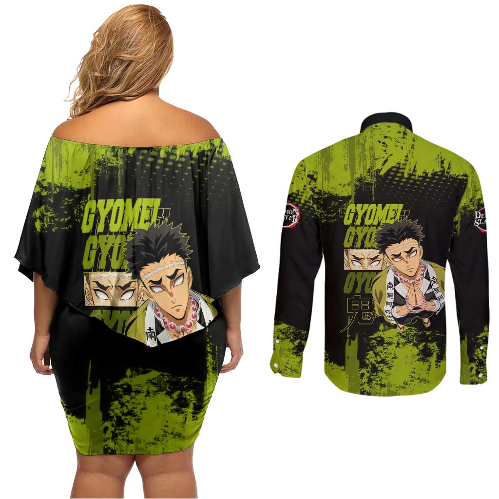 Gyomei Himejima Demon Slayer Bold Green Theme Couples Matching Off Shoulder Short Dress and Long Sleeve Button Shirt with Prayer Pose and Intense Expression Design - The Mazicc