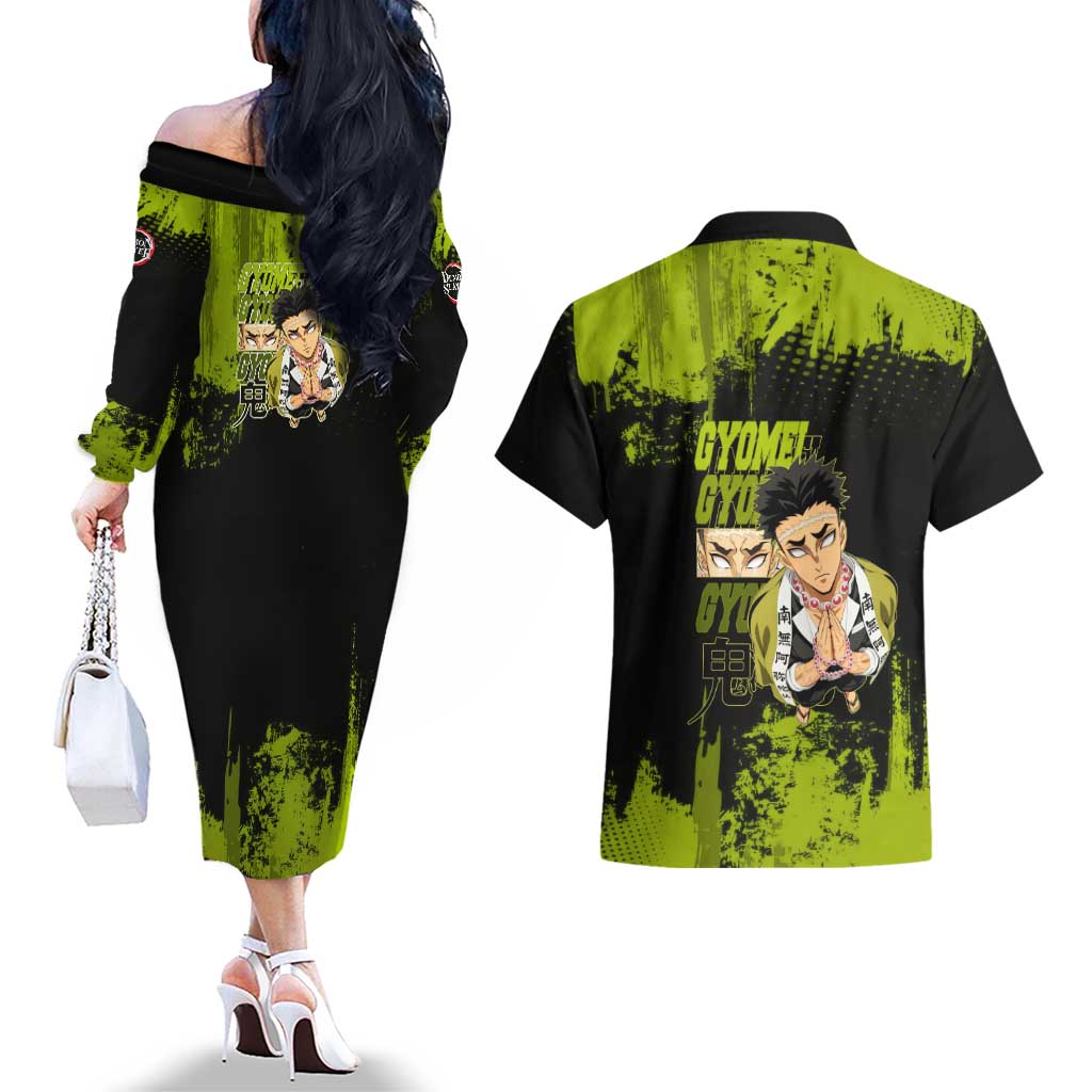 Gyomei Himejima Demon Slayer Bold Green Theme Couples Matching Off The Shoulder Long Sleeve Dress and Hawaiian Shirt with Prayer Pose and Intense Expression Design - The Mazicc