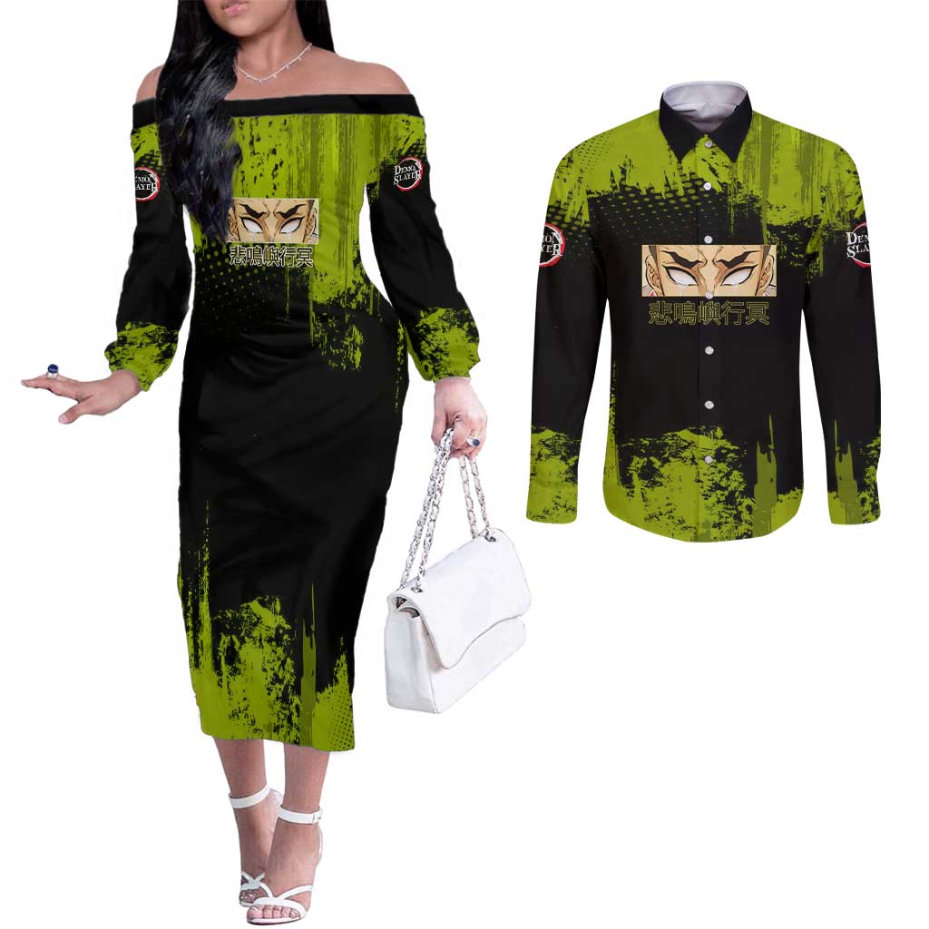 Gyomei Himejima Demon Slayer Bold Green Theme Couples Matching Off The Shoulder Long Sleeve Dress and Long Sleeve Button Shirt with Prayer Pose and Intense Expression Design - The Mazicc