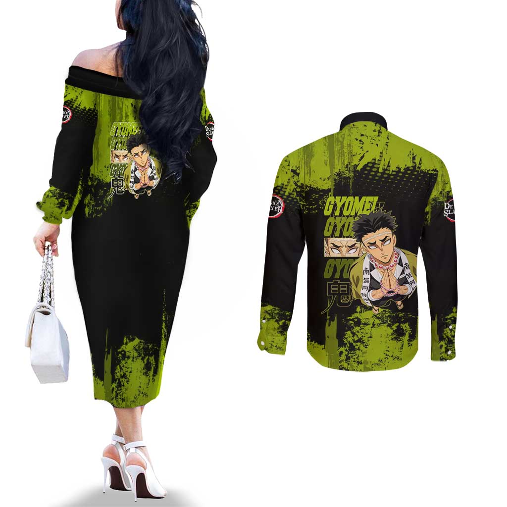 Gyomei Himejima Demon Slayer Bold Green Theme Couples Matching Off The Shoulder Long Sleeve Dress and Long Sleeve Button Shirt with Prayer Pose and Intense Expression Design - The Mazicc