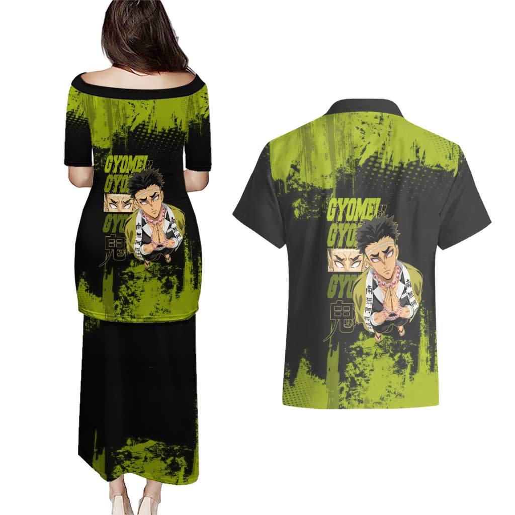 Gyomei Himejima Demon Slayer Bold Green Theme Couples Matching Puletasi and Hawaiian Shirt with Prayer Pose and Intense Expression Design - The Mazicc