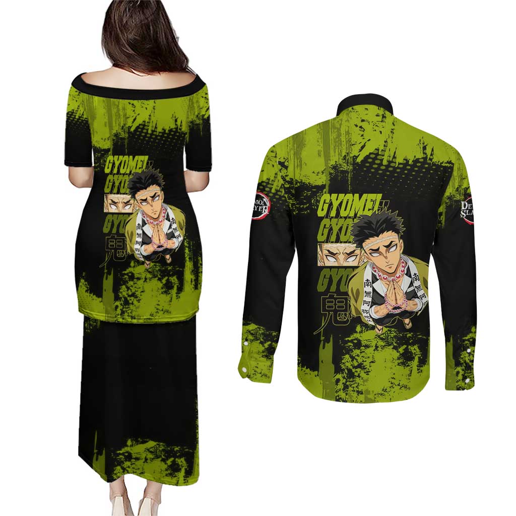 Gyomei Himejima Demon Slayer Bold Green Theme Couples Matching Puletasi and Long Sleeve Button Shirt with Prayer Pose and Intense Expression Design - The Mazicc