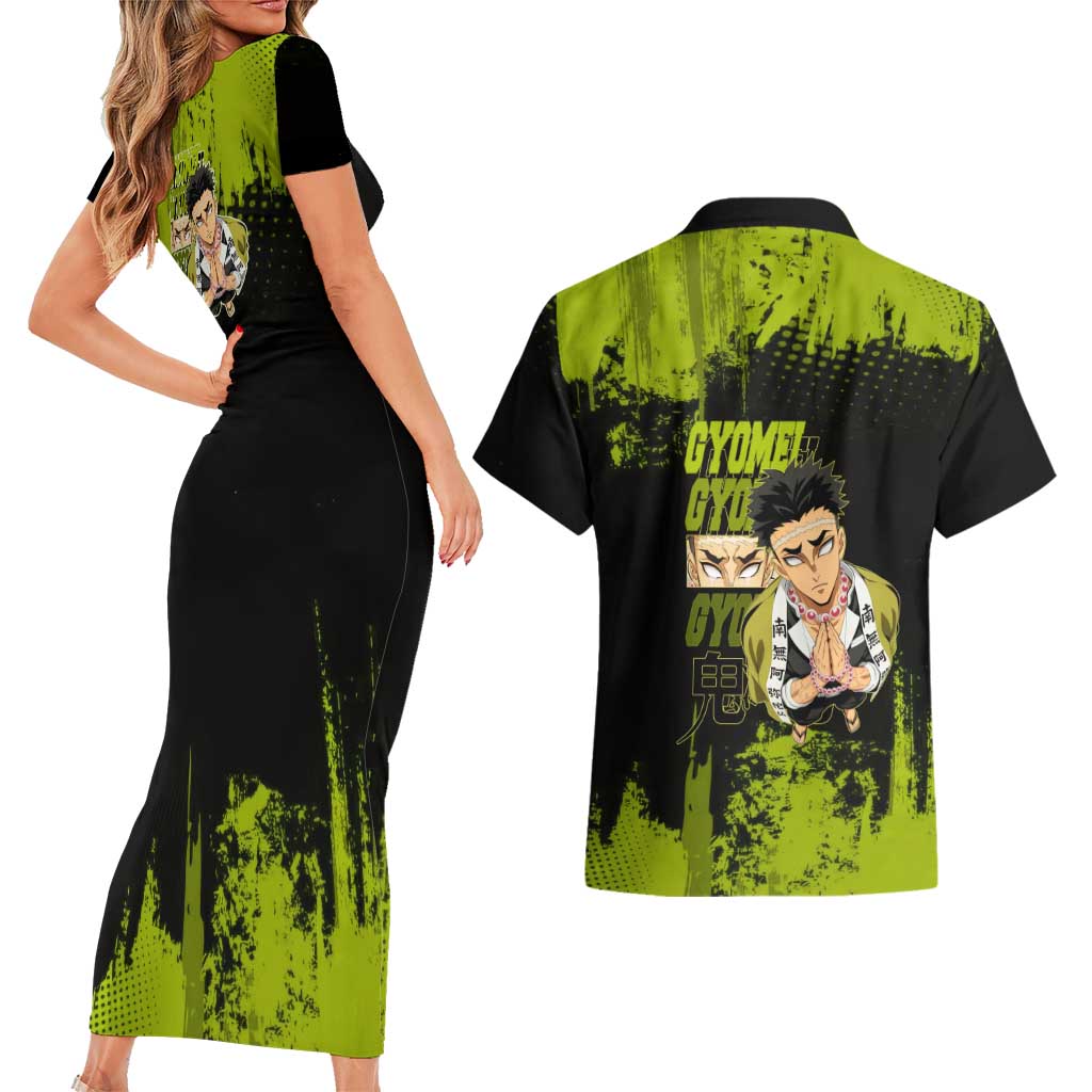 Gyomei Himejima Demon Slayer Bold Green Theme Couples Matching Short Sleeve Bodycon Dress and Hawaiian Shirt with Prayer Pose and Intense Expression Design - The Mazicc