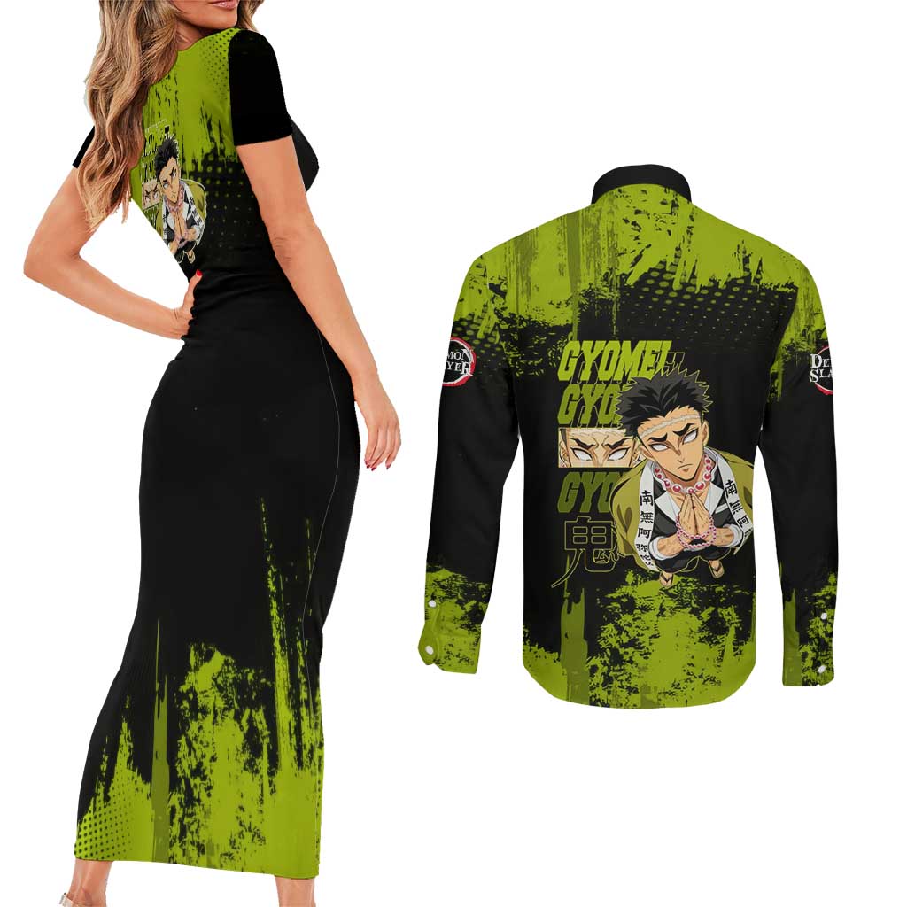 Gyomei Himejima Demon Slayer Bold Green Theme Couples Matching Short Sleeve Bodycon Dress and Long Sleeve Button Shirt with Prayer Pose and Intense Expression Design - The Mazicc