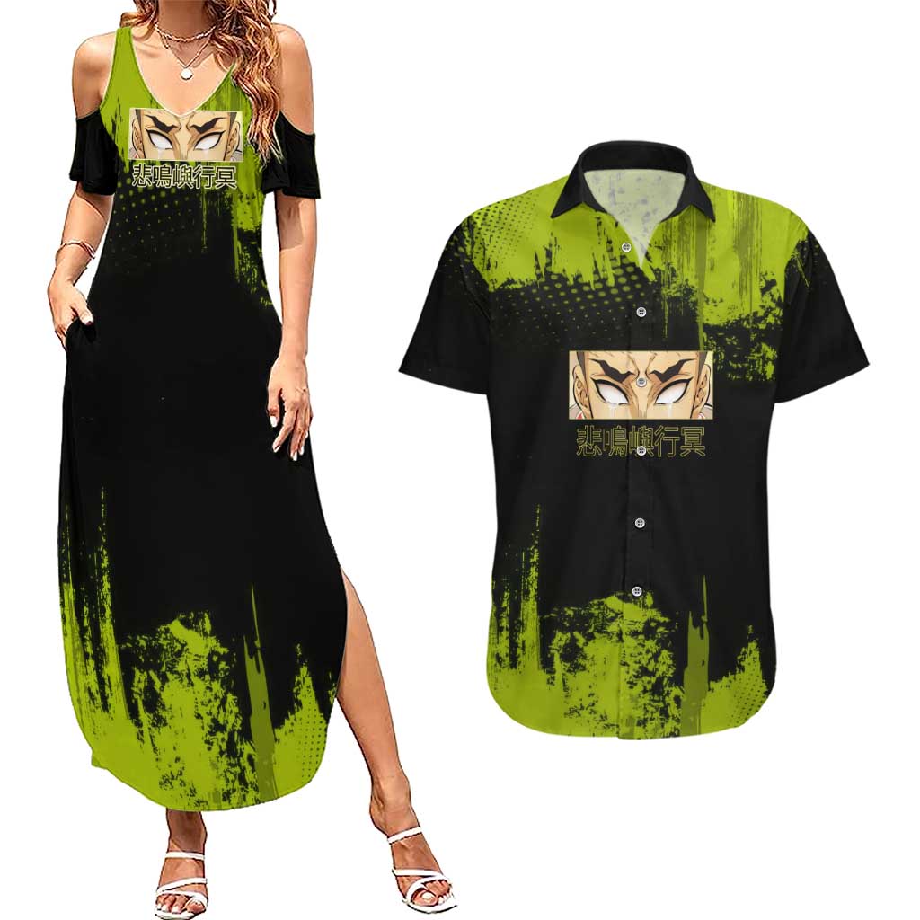 Gyomei Himejima Demon Slayer Bold Green Theme Couples Matching Summer Maxi Dress and Hawaiian Shirt with Prayer Pose and Intense Expression Design - The Mazicc