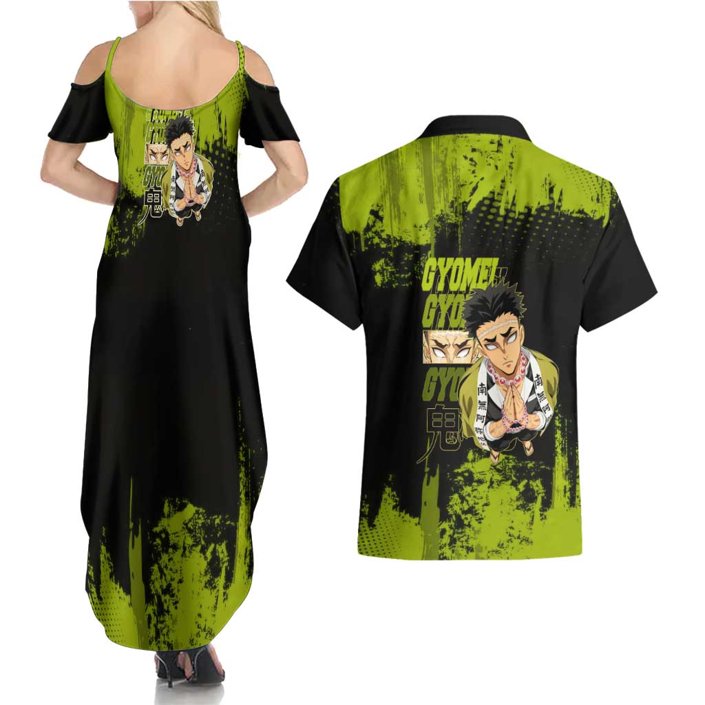 Gyomei Himejima Demon Slayer Bold Green Theme Couples Matching Summer Maxi Dress and Hawaiian Shirt with Prayer Pose and Intense Expression Design - The Mazicc