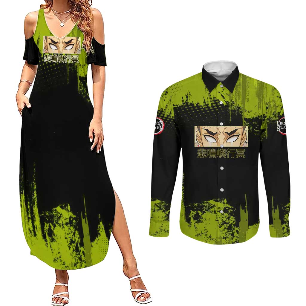 Gyomei Himejima Demon Slayer Bold Green Theme Couples Matching Summer Maxi Dress and Long Sleeve Button Shirt with Prayer Pose and Intense Expression Design - The Mazicc