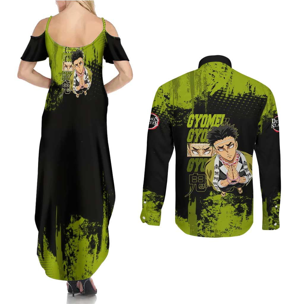 Gyomei Himejima Demon Slayer Bold Green Theme Couples Matching Summer Maxi Dress and Long Sleeve Button Shirt with Prayer Pose and Intense Expression Design - The Mazicc