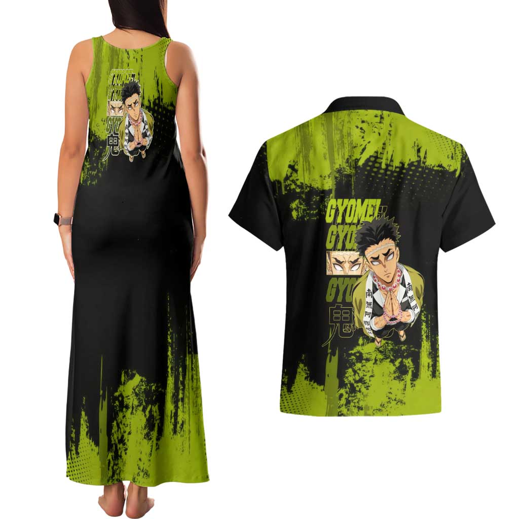 Gyomei Himejima Demon Slayer Bold Green Theme Couples Matching Tank Maxi Dress and Hawaiian Shirt with Prayer Pose and Intense Expression Design - The Mazicc