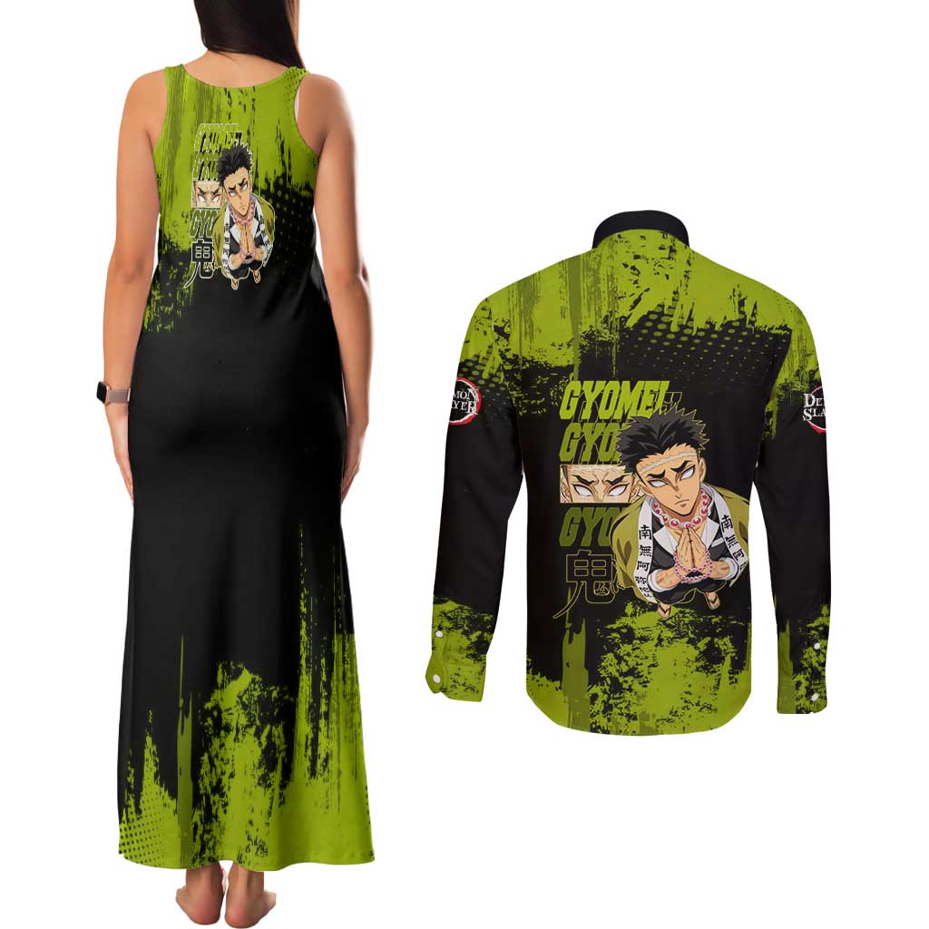 Gyomei Himejima Demon Slayer Bold Green Theme Couples Matching Tank Maxi Dress and Long Sleeve Button Shirt with Prayer Pose and Intense Expression Design - The Mazicc