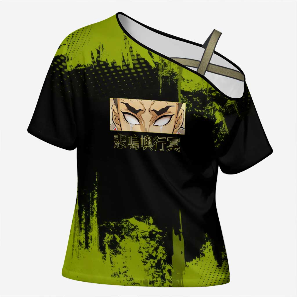 Gyomei Himejima Demon Slayer Bold Green Theme Cross Shoulder Shirt with Prayer Pose and Intense Expression Design - The Mazicc