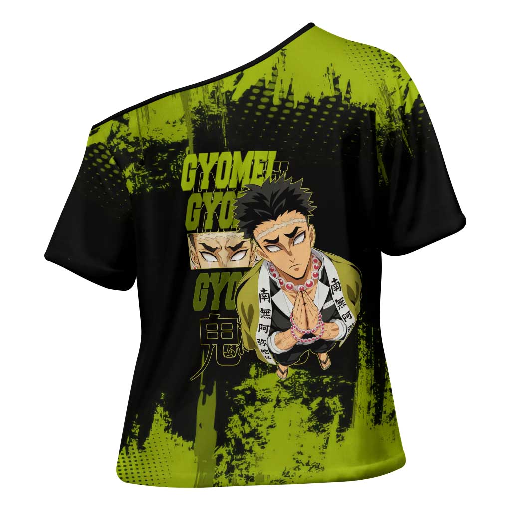 Gyomei Himejima Demon Slayer Bold Green Theme Cross Shoulder Shirt with Prayer Pose and Intense Expression Design - The Mazicc