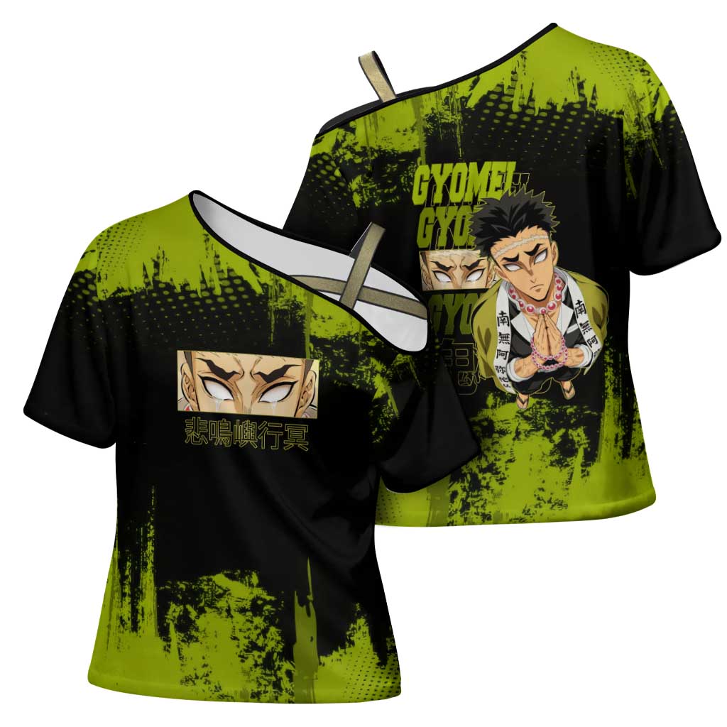 Gyomei Himejima Demon Slayer Bold Green Theme Cross Shoulder Shirt with Prayer Pose and Intense Expression Design - The Mazicc