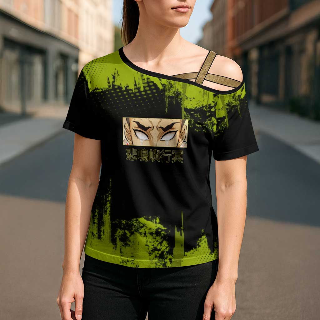 Gyomei Himejima Demon Slayer Bold Green Theme Cross Shoulder Shirt with Prayer Pose and Intense Expression Design - The Mazicc