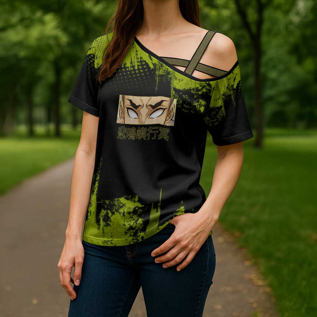 Gyomei Himejima Demon Slayer Bold Green Theme Cross Shoulder Shirt with Prayer Pose and Intense Expression Design - The Mazicc