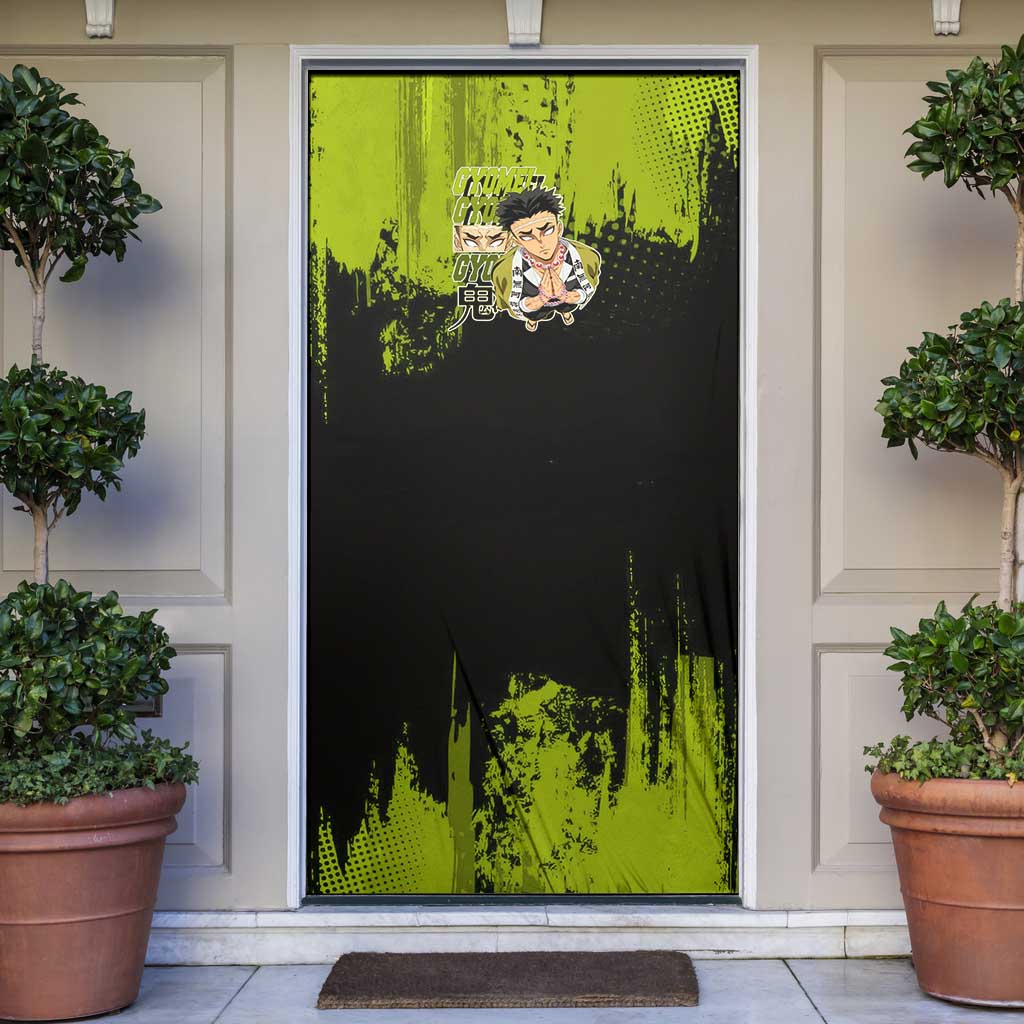 Gyomei Himejima Demon Slayer Bold Green Theme Door Cover with Prayer Pose and Intense Expression Design - The Mazicc