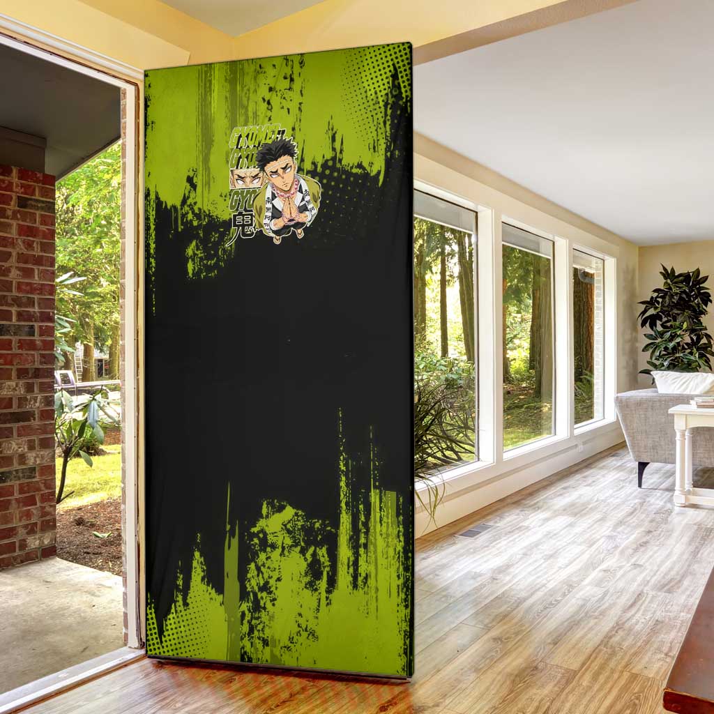 Gyomei Himejima Demon Slayer Bold Green Theme Door Cover with Prayer Pose and Intense Expression Design - The Mazicc