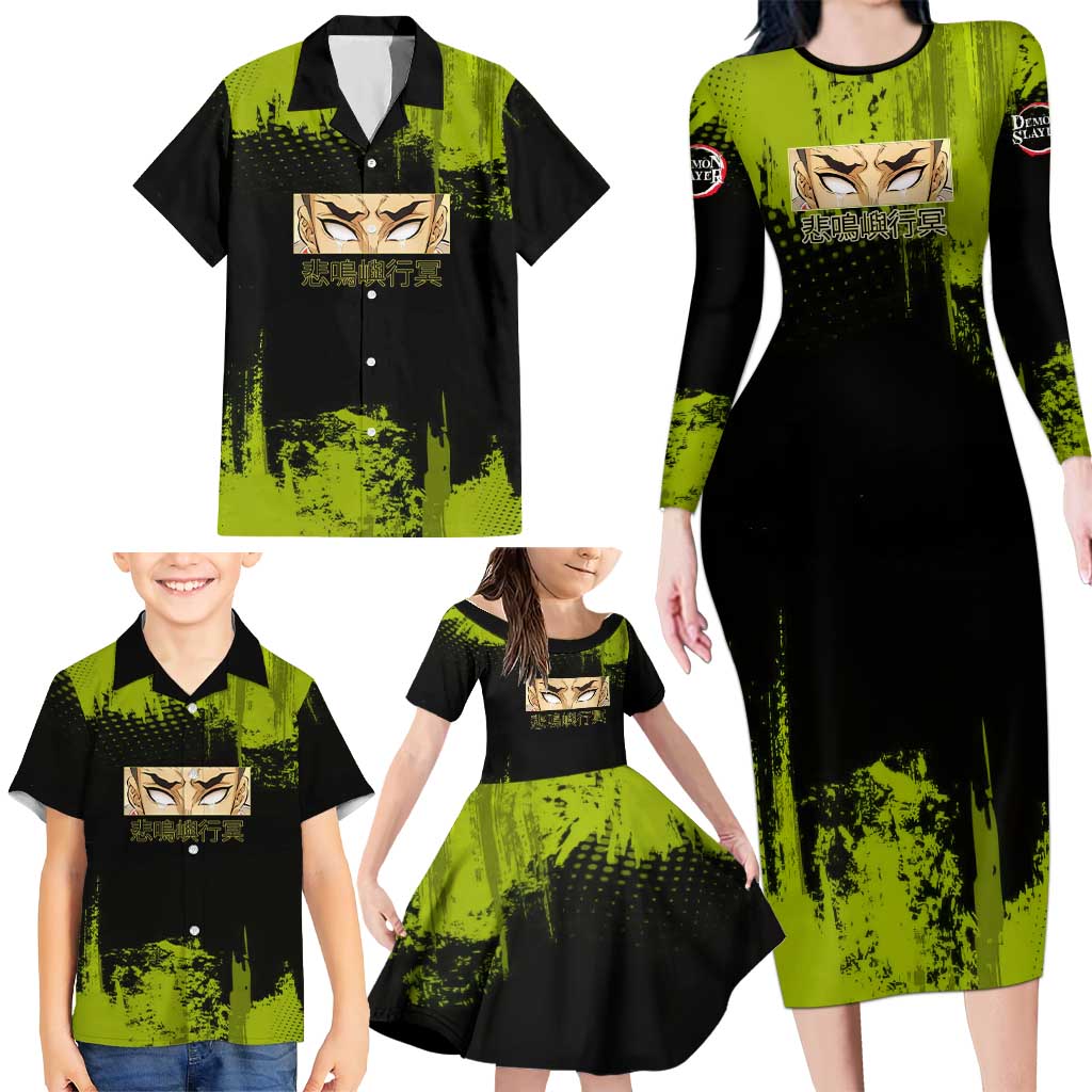 Gyomei Himejima Demon Slayer Bold Green Theme Family Matching Long Sleeve Bodycon Dress and Hawaiian Shirt with Prayer Pose and Intense Expression Design