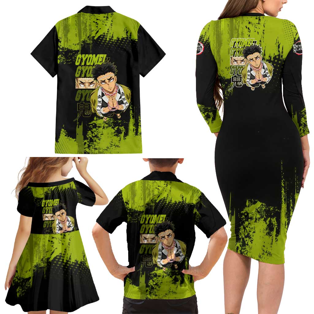 Gyomei Himejima Demon Slayer Bold Green Theme Family Matching Long Sleeve Bodycon Dress and Hawaiian Shirt with Prayer Pose and Intense Expression Design
