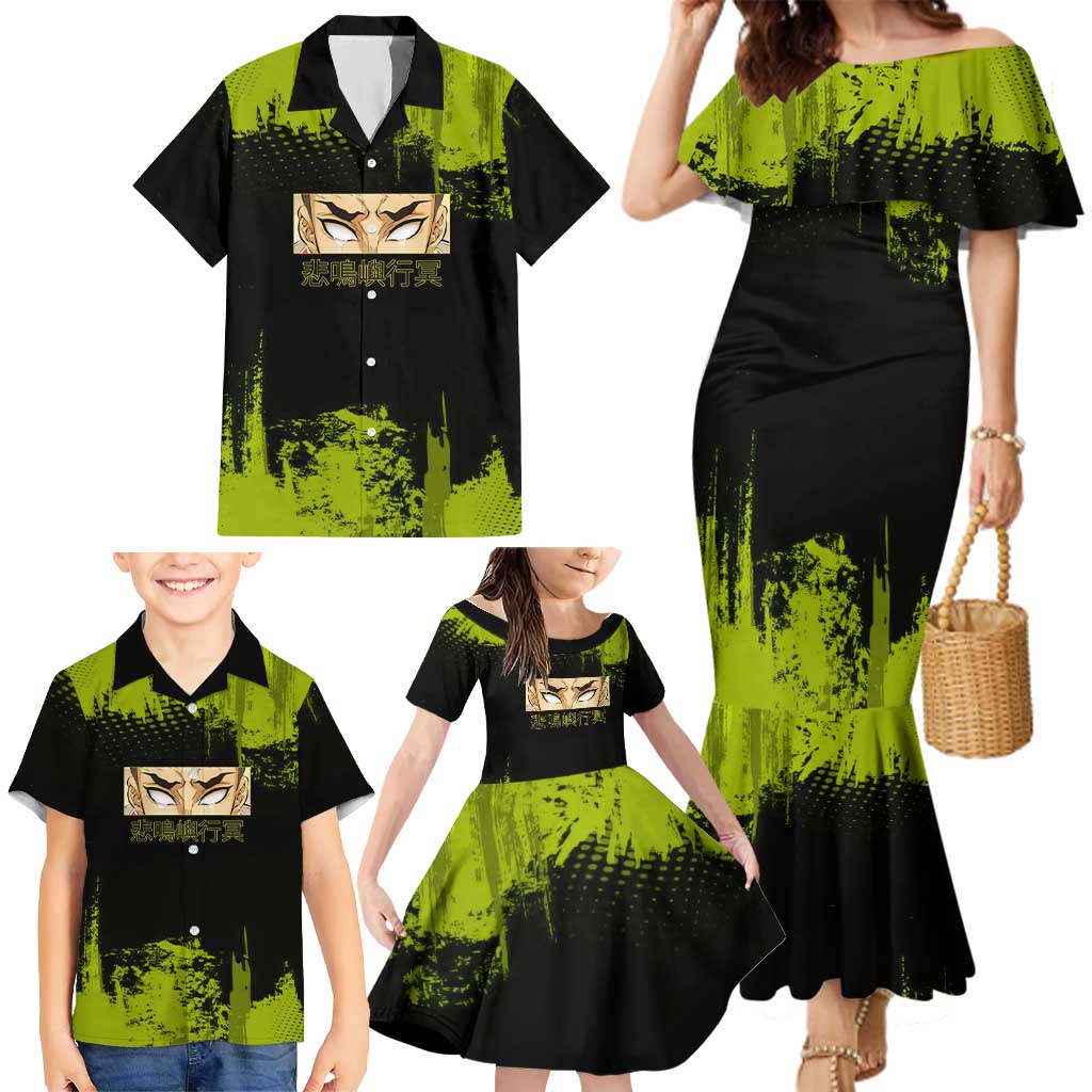 Gyomei Himejima Demon Slayer Bold Green Theme Family Matching Mermaid Dress and Hawaiian Shirt with Prayer Pose and Intense Expression Design