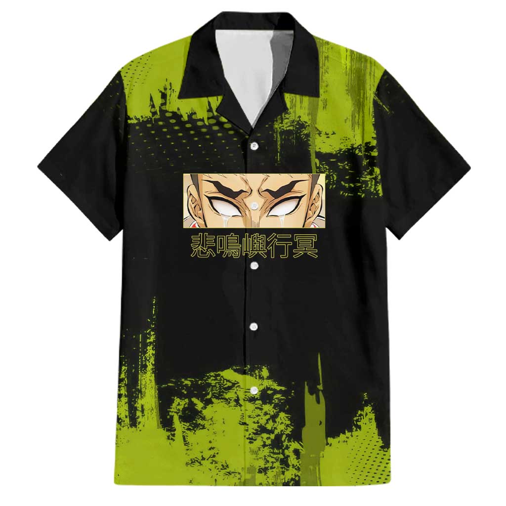 Gyomei Himejima Demon Slayer Bold Green Theme Family Matching Mermaid Dress and Hawaiian Shirt with Prayer Pose and Intense Expression Design