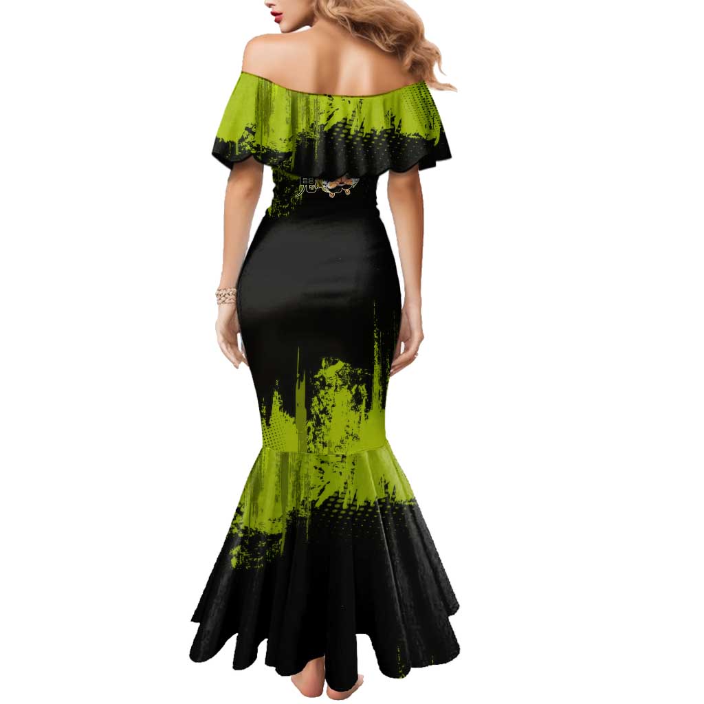 Gyomei Himejima Demon Slayer Bold Green Theme Family Matching Mermaid Dress and Hawaiian Shirt with Prayer Pose and Intense Expression Design