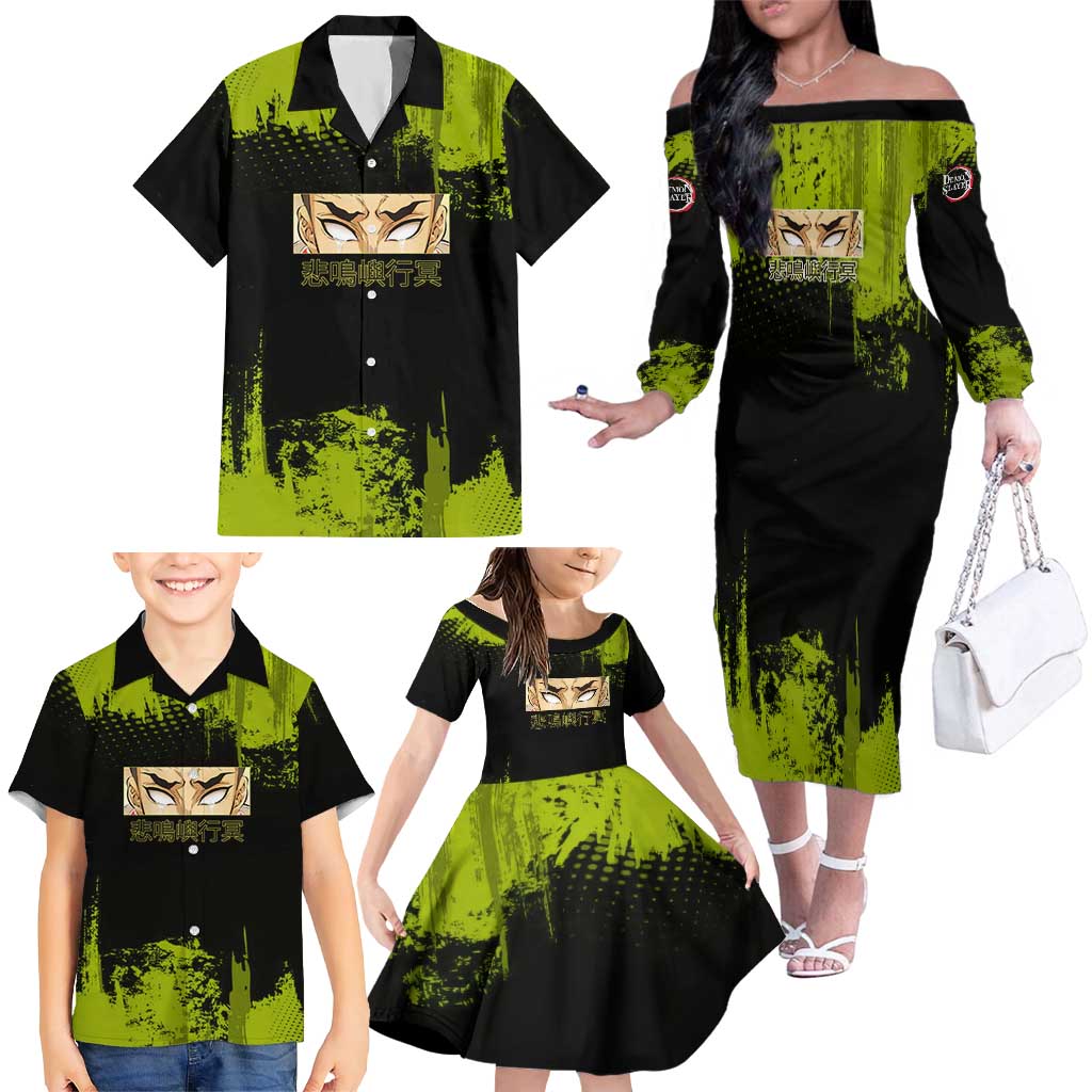 Gyomei Himejima Demon Slayer Bold Green Theme Family Matching Off The Shoulder Long Sleeve Dress and Hawaiian Shirt with Prayer Pose and Intense Expression Design