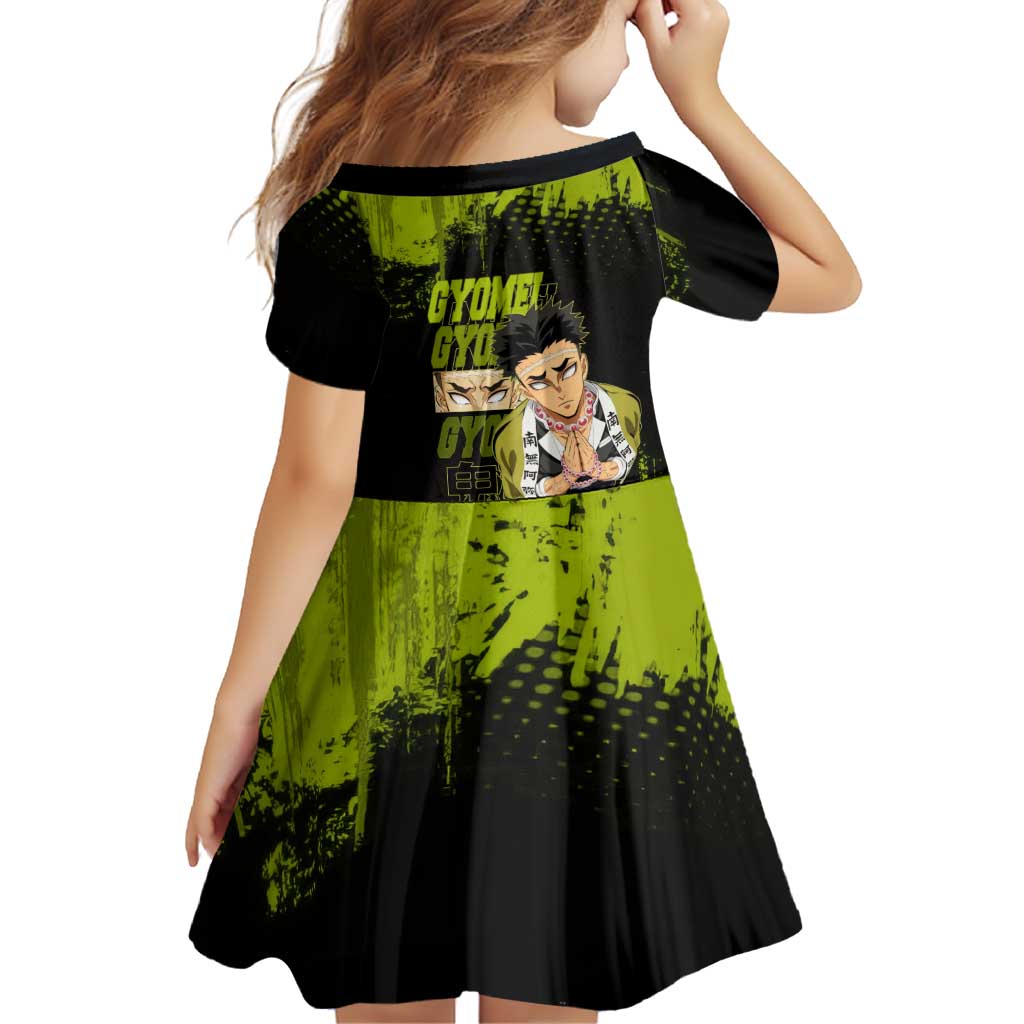 Gyomei Himejima Demon Slayer Bold Green Theme Family Matching Off The Shoulder Long Sleeve Dress and Hawaiian Shirt with Prayer Pose and Intense Expression Design